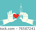 Hand in rubber gloves holding syringe of coronavirus vaccine and red heart 76587241