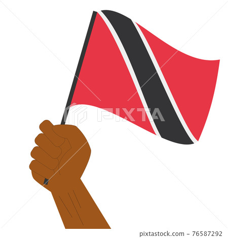 Hand holding and raising the national flag of Trinidad and Tobago 76587292