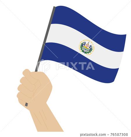 Hand holding and raising the national flag of El Salvador 76587308