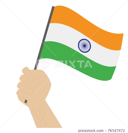 Hand holding and raising the national flag of India Hand holding and raising the national flag of India 76587472