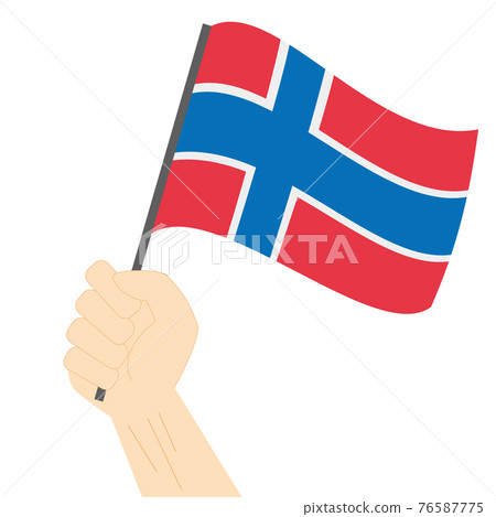 Hand holding and raising the national flag of Norway 76587775