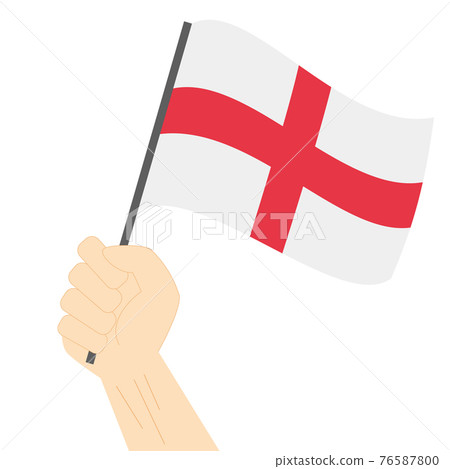 Hand holding and raising the national flag of England Hand holding and raising the national flag of England 76587800