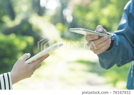 一個男人和一個女人經營智能手機 76587932