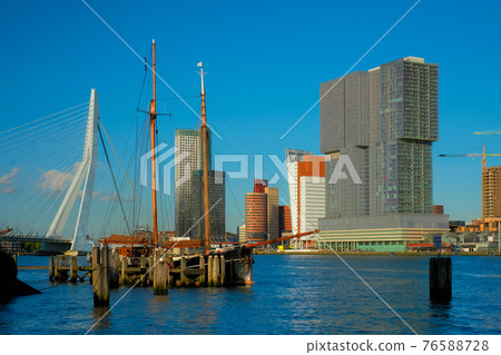 Rotterdam skyscrapers skyline and Erasmusbrug bridge over of Nieuwe Maas river. Rotterdam 76588728