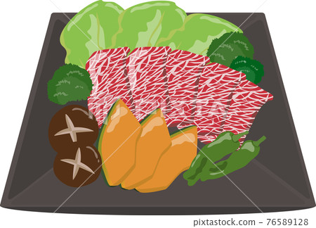 Grilled meat on a plate of vegetables and meat Grilled meat on a plate of vegetables and meat 76589128