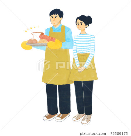 幾家麵包店把麵包放在托盤上 76589175