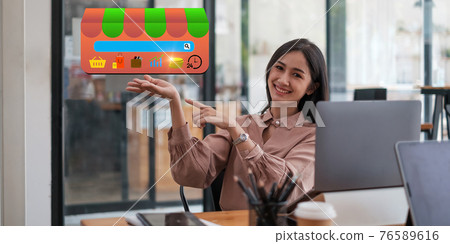 Small business owner has virtual shop on e commerce platform and open 24 hours. shopping online concept. 76589616