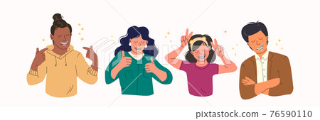 Happy people with teeth braces. Group of different gender and age people demonstrates dental braces for teeth alignment. Dental care. Trending flat vector. Happy people with teeth braces. Group of different gender and age people demonstrates dental braces for teeth alignment. Dental care. Trending flat vector. 76590110