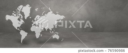 World map on concrete wall background. 3D illustration. Horizontal banner 76590986