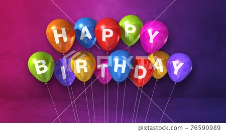 Colorful happy birthday air balloons on a purple background scene. Horizontal Banner 76590989
