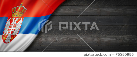 Serbian flag on black wood wall banner 76590996