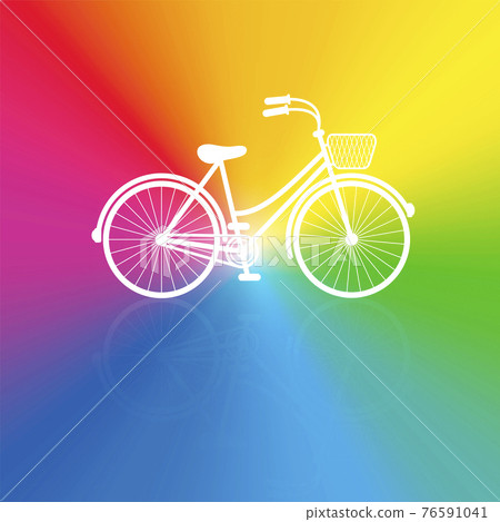 Bicycle on rainbow gradient background. White ladies bike with wire basket. Colorful vector illustration. 76591041