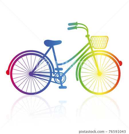 Ladies bike, rainbow gradient colored bicycle with wire basket. Isolated vector illustration on white background. Ladies bike, rainbow gradient colored bicycle with wire basket. Isolated vector illustration on white background. 76591043