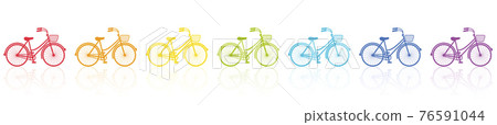 Ladies bikes, rainbow colored collection of bicycles with wire baskets. Isolated vector illustration on white background. Ladies bikes, rainbow colored collection of bicycles with wire baskets. Isolated vector illustration on white background. 76591044
