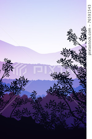 Natural forest mountains horizon hills silhouettes of trees. Evening Sunrise and sunset. Landscape wallpaper. Illustration vector style. Colorful view background. Natural forest mountains horizon hills silhouettes of trees. Evening Sunrise and sunset. Landscape wallpaper. Illustration vector style. Colorful view background. 76591543