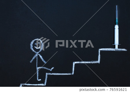 Drawn man on chalk board limbs up stairs tj the syringe vaccine. The queue to receive covid vaccination concept. 76591621
