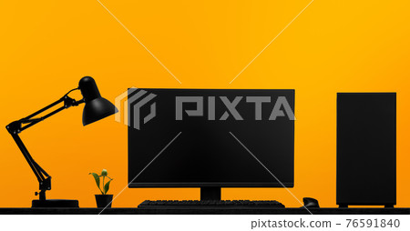 black lamp, desktop computer and lcd display stand on table black lamp, desktop computer and lcd display stand on table 76591840