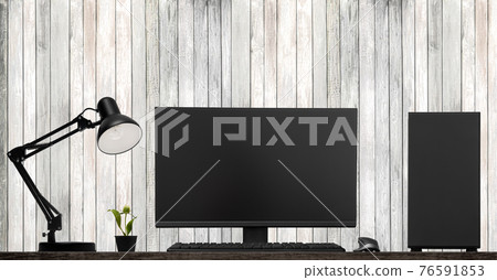 black lamp, desktop computer and lcd display stand on table black lamp, desktop computer and lcd display stand on table 76591853