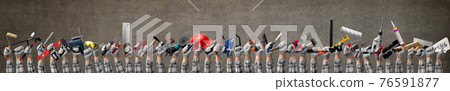 group of hands holds a construction tools for woodworking, construction and repair 76591877