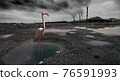 alone pink wild flamingo in industrial polluted are 76591993