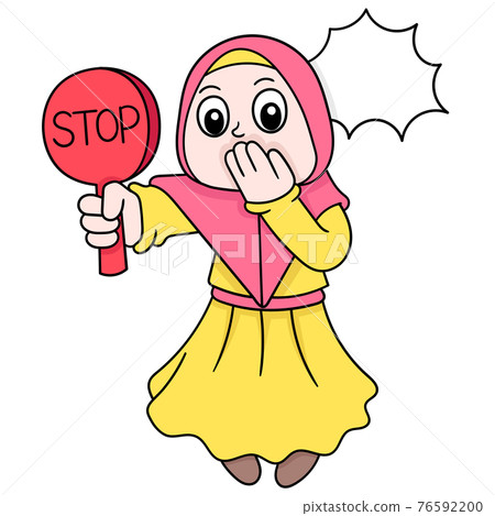 beautiful women wearing Muslim hijabs carrying stop signs, doodle icon image kawaii 76592200