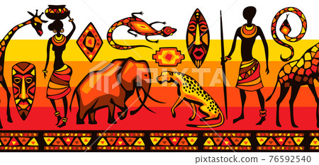 African ethnic seamless pattern. People, animals and masks. 76592540
