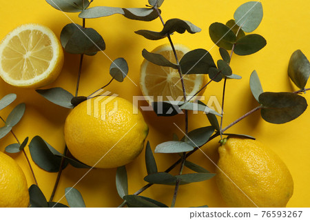 Beautiful eucalyptus branches and lemons on yellow background 76593267