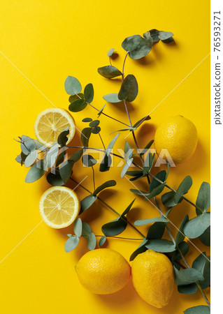 Beautiful eucalyptus branches and lemons on yellow background 76593271