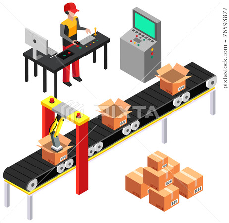 Mechanical arm lifts parcels and places on conveyor. Automated assembly line with open boxes Mechanical arm lifts parcels and places on conveyor. Automated assembly line with open boxes 76593872
