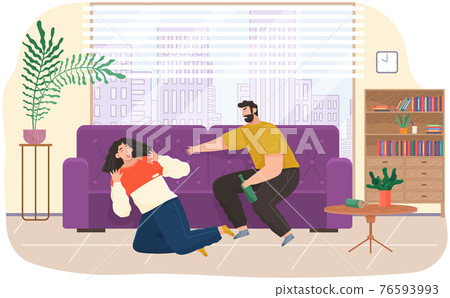 Drunk man scolding his wife while drinking booze. Arguing, reprimanding, having argument fight Drunk man scolding his wife while drinking booze. Arguing, reprimanding, having argument fight 76593993