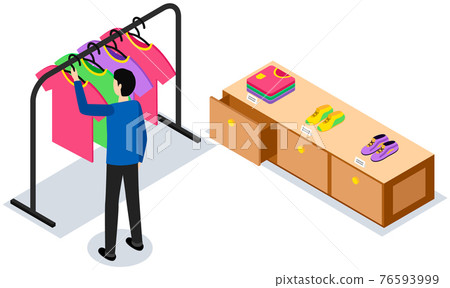 Shopping in showroom. Isometric clothing store with buyer. Man chooses T-shirt in boutique 76593999