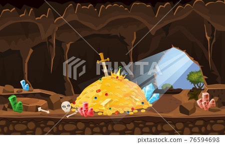 Treasure cave, gold pile, coins, gems, crown, sword, crystals. Concept art for game, apps. Background cartoon style 76594698
