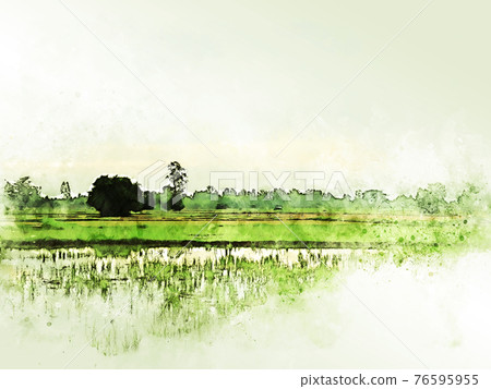 Abstract tree and field landscape in Thailand on watercolor illustration painting background. 76595955
