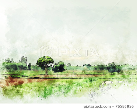 Abstract tree and field landscape in Thailand on watercolor illustration painting background. Abstract tree and field landscape in Thailand on watercolor illustration painting background. 76595956