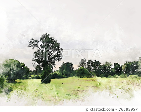 Abstract tree and field landscape in Thailand on watercolor illustration painting background. Abstract tree and field landscape in Thailand on watercolor illustration painting background. 76595957