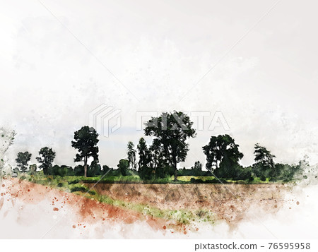 Abstract tree and field landscape in Thailand on watercolor illustration painting background. Abstract tree and field landscape in Thailand on watercolor illustration painting background. 76595958