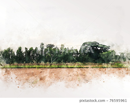 Abstract tree and field landscape in Thailand on watercolor illustration painting background. Abstract tree and field landscape in Thailand on watercolor illustration painting background. 76595961