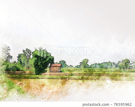 Abstract tree and field landscape in Thailand on watercolor illustration painting background. Abstract tree and field landscape in Thailand on watercolor illustration painting background. 76595962