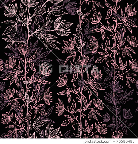 decorative floral pattern with branches with flowers and leaves pink on black decorative floral pattern with branches with flowers and leaves pink on black 76596493