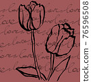 Linear drawn tulips with lettering on burgundy dark red background 76596508