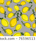 Seamless pattern with linear drawn yellow lemons on grey background 76596513