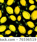 Pattern with simply drawn yellow lemons on black background 76596519