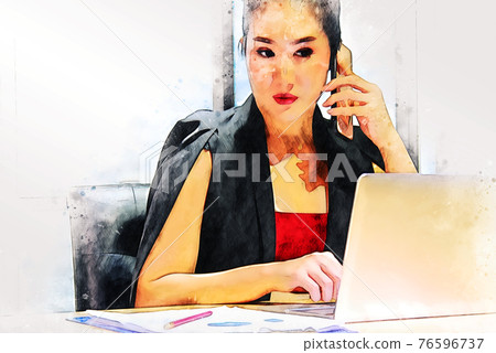 oung secretary woman is checking the documents on the desk in office on watercolor illustration painting background. oung secretary woman is checking the documents on the desk in office on watercolor illustration painting background. 76596737