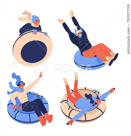 Snow tubing people isolated on white. Vector collection of various cartoon characters riding ice donuts and smiling 76597359