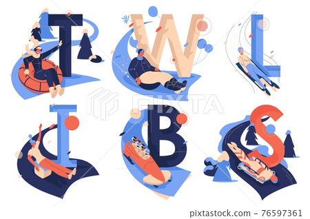 Letters collection for sledding sport activities. T for tubing, W for wok racing, L for luge, I for ice blocking, B for bobsleigh, S for skeleton isolated on white Letters collection for sledding sport activities. T for tubing, W for wok racing, L for luge, I for ice blocking, B for bobsleigh, S for skeleton isolated on white 76597361