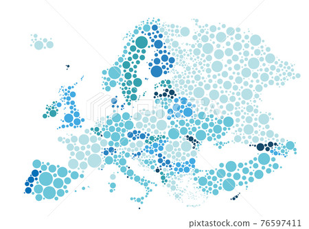 Vector illustration of political map of Europe designed with different sizes and tones of blue dots. 76597411