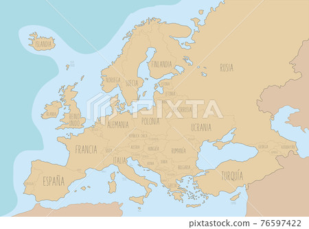 Political map of Europe with names in Spanish. Vector Illustration Political map of Europe with names in Spanish. Vector Illustration 76597422