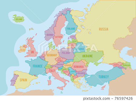 Political map of Europe with colors and borders for each country and names in English. Vector illustration. 76597426
