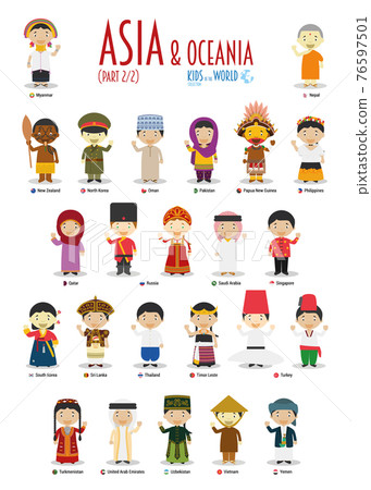 Kids and nationalities of the world vector: Asia and Oceania Set 2 of 2. Set of 24 characters dressed in different national costumes. 76597501