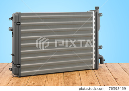 Car radiator on the wooden planks, 3D rendering Car radiator on the wooden planks, 3D rendering 76598469